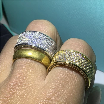 Luksus ring 925 Sterling Sølv, Gult Guld, Fyldt Diamant Bryllup Band Ringe til kvinder, mænd aften Party Smykker