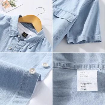 Japansk Stil Classic Retro Denim kortærmet Skjorte Løs Bomuld Sommeren Tynd Casual Denim Skjorte 2021 Mandlige High-end-Brand Topper