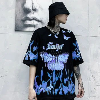 2021 Herre Hip Hop T-Shirts Blå Ild Flamme Butterfly Streetwear T-shirt Harajuku Sommeren kortærmet T-Shirt i Bomuld, Tops Tees
