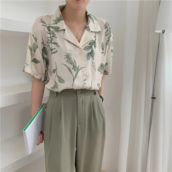 SLPBELY Kvinder Vintage Print koreanske Bluse Toppe om Sommeren Korte Ærmer, Revers High Street Chiffon Retro Femmal Bluse Shirt Top 2021