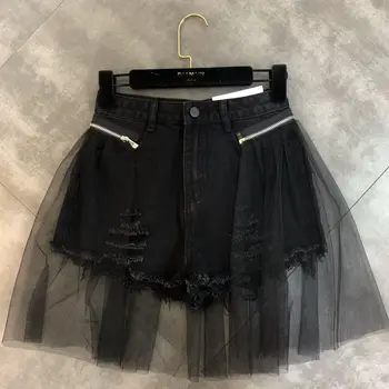 2021 Sommeren Nye Mode, Denim Shorts Patchwork Mesh Rippet Aftagelig To-Vejs Korte Bukser for Kvinder ensfarvet A-linje Shorts
