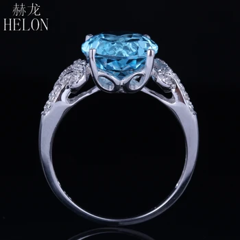 HELON Massivt 14K White Gold Ægte Schweizisk Blå Topas Diamanter Engagement Bryllup Gemstone Ring For Kvinder Fødselsdag Bedste Gave