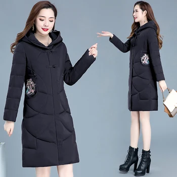 Fashionable hætteklædte broderet medium længde bomuld, pels 2020 nye overdimensionerede fortykket over knæet Kinesiske vinter cotton coat