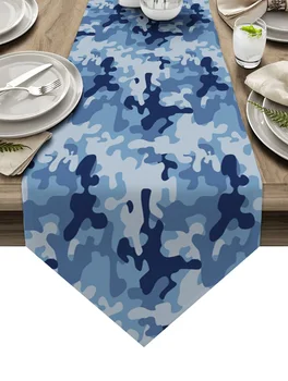 Militære Blå Camouflage Bordløbere Luksus Middag Sofabord Udsmykning Duge Bryllup Tabel Dekoration