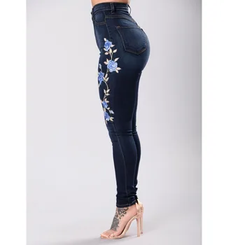 3XL Plus Size 2021 Spring Nye Kvinder Mode Høj Talje Blomster Broderi Tynde Denim Jeans Afslappet Slank Blyant bukser Bukser