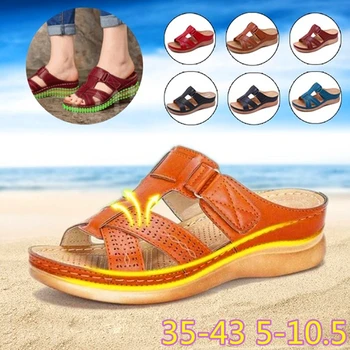 Sommeren Kvinder Komfortable Tøfler Kvindelige Vintage Sandaler Slip på Wedges Sko Spænde Remmen Damer Glider Hjem Beach Plus Størrelse