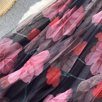 Kvinder er Sommer Nederdel 2021 Nye Mode Elastisk Talje Blomster Print Tyl Nederdel, Elegante Damer A-linje Plisseret Mesh Maxi Nederdele