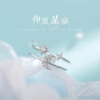 925 Sterling Sølv Diamond Star Månen Dobbelt Åbning Ringe Til Kvinder Enkel Søde Mode Studerende, Der Koreanske Kæreste Smykker