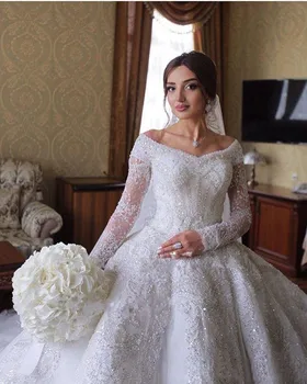 Luksus Lace Bolden Kjole Brudekjoler Saudi-Arabien Off Skulder-Lange Ærmer Helblonde Applicerede Pailletter Brude Kjoler