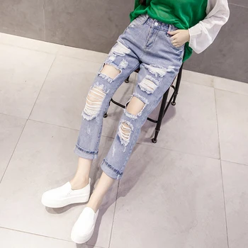 Ripped Jeans til Kvinder 2021 Spring Nye Slankende Casual Straight-Ben Beskåret Bukser til Studerende Børstet Ripped Jeans-Alle-Matching