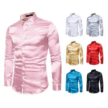 2021 Mænds Mode Satin Shirts Sort Hvid Pink Guld med Blank langærmet Skjorte Herre Natklub Fest Arbejde Casual Tøj