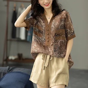 7377 Vintage Kvinder Shirt Sommer Plus Size Korte Ærmer V-Hals Pullover Print Koreansk Mode-Knappen Lomme Dame Blomster Top Bluse