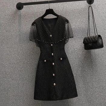 4XL Plus size kontor damer fransk vintage black midi kjoler til kvinder mesh patchwork perlebesat sexet slank bodycon Sommeren vestidos