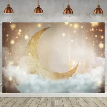 Skinnende Guld Moon Star Nyfødte Baby Brusebad Baggrund Drømmende Cloud Kids Fødselsdag Fotografisk Portræt Baggrunde Til Foto-Studio
