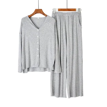 Japansk nye stil bomuld pyjamas, der passer damer forår og efterår cardigan ensfarvet langærmede bukser hjem passer til