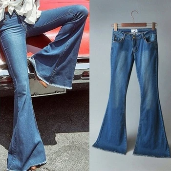 Sommer Midt I Taljen Flare Jeans Kvinder Vintage Bomuld Denim Bukser Dame Mode Stretch Bukser Lomme Plus Size Bred Ben Sexede Jeans