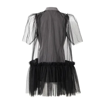 Fransk Vintage Kjole-Mini-Kvinder Sommeren 2021 Nye Patchwork Plisseret Mesh Brand Tyl Kjoler Høj Taljen Kort Ærme Vestido Mujer