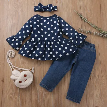 Baby Girl Clothing Set Polka Dot Flare Sleeve Top + Ripped Denim Pants Jeans 1-5Y Toddler Kids Spring Fall Casual Cotton Outfits