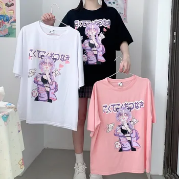Kvinde t-shirts sommer bomuld tegnefilm udskrivning t-shirt Japansk studerende Harajuku kawaii lang casual toppe overdimensionerede kvinder ' s T-shirt