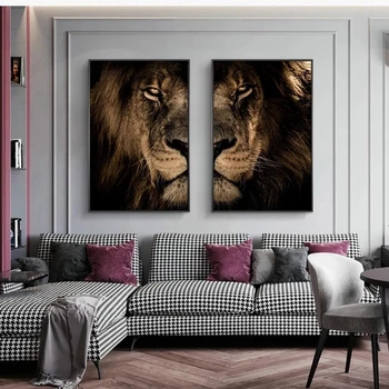 2stk Afrikanske Vilde Løve Hoved Modulære Dyr Lærred Maleri Væg Kunst Billede til stuen Hjem Indretning (Ingen Ramme)