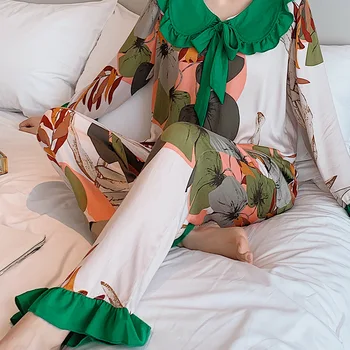 2021 Mode Bomuld Damer Trykt Grønne Blad Store Blomster Pyjamas, der Passer langærmede Bukser Hjem Passer til Kvinder