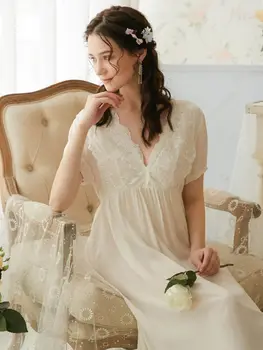 Kort-langærmet bomulds nightdress kvindelige retro palace prinsesse sexy lace V-hals, lange kjole pyjamas home service