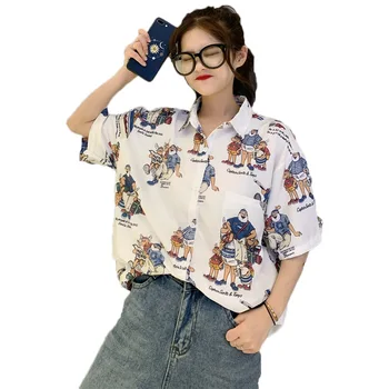Sommeren Polo-hals Cartton Print Butoon Shirt Harajuku Kvinder Bluse Punk Casual Løs, kortærmet Knappen Øverst til de Kvindelige koreanske Stil