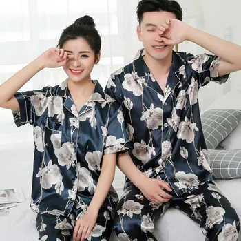 Sommer Par Mænd Kvinder Blomst Trykt Pletten Revers Korte Ærmer Nattøj Bukser-Elskere Kvindelige Pyjamas Pyjamas Homewear