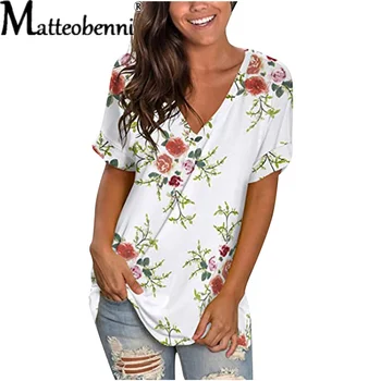 Sommeren Dame 2021 Mode Afslappet V-Hals Blomster Print Stribe Kort Ærme Løs T-Shirt Damer Plus Size T-Shirt Top