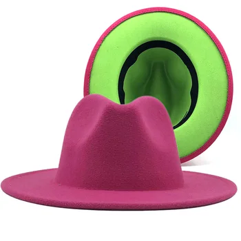 Mænd, Kvinder, To-farve Grøn Pink Wide Brim Uld Filt Jazz Fedora Hatte Britisk stil Trilby Part Formelle Panama Cap Kjole-Hat