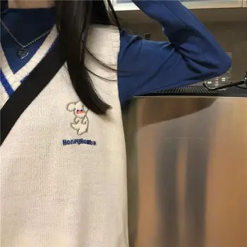 V-hals Sweater Vest Kvinder Patchwork Japansk Stil, Casual Løs Foråret Ærmeløs Søde Toppe Harajuku Alle-match Studerende Enkel
