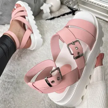 Nye sommer bunden dame sandaler stor størrelse spænde komfortabel platform sandaler kvinder slipper mode afslappet dame sko slides