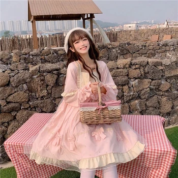 Hstar Kvinder Bue Japansk Søde Lolita Kjole Pink Blå Op Harajuku Fe Mesh Kjole Alice I Wondeland Lange Ærmer Vestidos