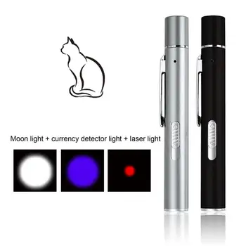 Funny Cat Toy Pointer Pen 3-i-1-Metal-USB-Opladning LED-UV-Lommelygte til Hjemmet Katte Killing Interaktivt Legetøj Tilbehør