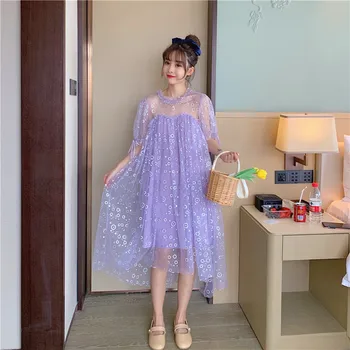 2020 nye sommer Japansk Lolita løs rund hals ryg-sexet mesh syning kortærmet kjole Cos Loli Vestidos