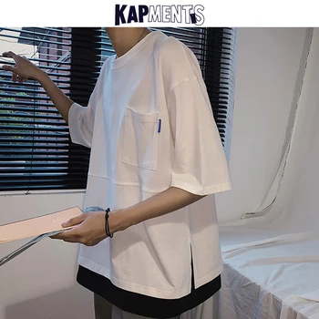 KAPMENTS Mænd Patchwork Bomuld Harajuku T-shirts 2021 Sommeren Herre Lommer Japansk Streetwear Casual T-Shirt Mode Løs t-Shirts