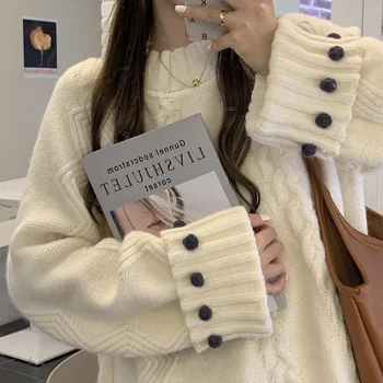 Vinteren 2020 Nye Sweater Kvinder koreansk-Stil Løs og Dovne Stil Design rund Hals Pullover Langærmet Tyk Sweater