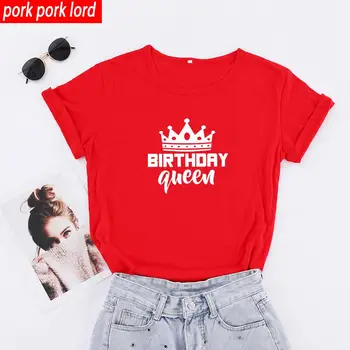 Dronning Brev Print Kvinder kortærmet T-Shirt i Bomuld Kausale Graphic Tee Oversized Toppe fødselsdagsfest T-Shirt til Piger