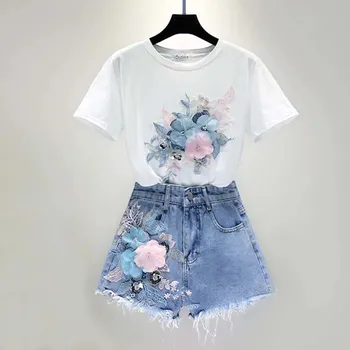 Sommeren Kvinders Passer 2021New Mode blomsterbroderier T-shirt og Denim Shorts To Stykke Søde Pige Bukser Sæt Tøj til Kvinder