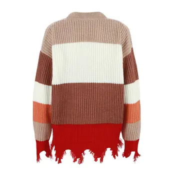 2020 Kvinder Efterår Mode Strikket Sweater med V-hals Kontrast Farve Uregelmæssige Kvast Trøjer Elegante Pullover Top Jumpere