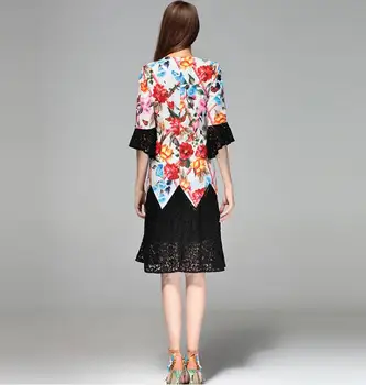 Høj kvalitet med V-hals lace patchwork 2021 foråret baner flare ærmet blomster print Mode slank elegant kjole E708