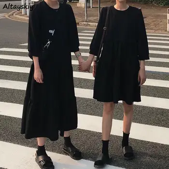 Kjoler Kvinder Solid Enkel O-Hals Streetwear Høj Talje Løs Casual Studerende Trendy Daglige Koreansk Stil Kvindelige Vestidos Udbredt