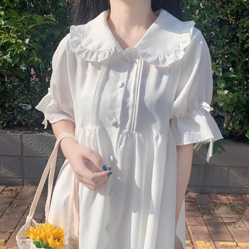 Asian Style Pige Lange Hvide Plus Size Lolita Kjole Korte Ærmer Japansk Mode Skole Søde Kjoler Cosplay Kostume Prinsesse