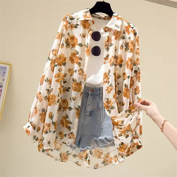 2021 Nye Sommer-Shirts Kvinder Mode Blomster Print Chiffon Shirts Turn-down Krave Toppe Kvinde Tøj søde Søde Bluse