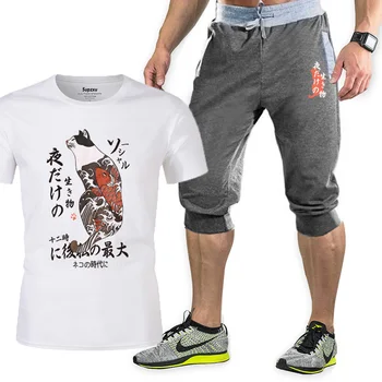 Japansk mode trend Royal cat sommeren nye Harajuku T-shirt, shorts to-stykke mænds casual brand sportstøj bomuld jakkesæt til herrer