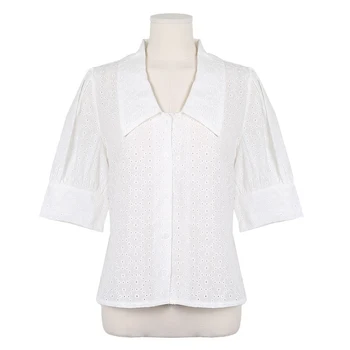 One-Size-koreansk Tøj Hvid V-hals Puff Ærmer Stor Revers Broderede Blonder kvindens Shirts Søde Top Kvindelige 10197