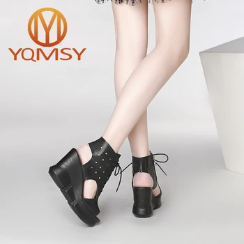YQMSY Mode Kvinders Sandaler Behagelig Tyk Bund Kiler Kigge Tå Lace-Up Afslappet Platform Sandaler Blødt EVA Pige Sko AS65