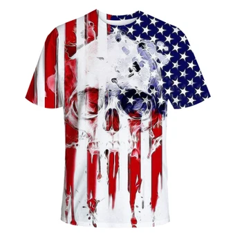 Sommeren Nye Mænd Toppe Amerikanske uafhængighedsdag Flag Kraniet 3D-Print Korte Ærmer Rund Hals Løs T-Shirt, Mænds Tøj Top