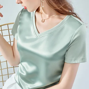 Sommer OL Acetat Top for Kvinder 2021 Nye Trendy koreansk Stil Dame Løs Syning Satin Nøglebenet V hals kortærmet T-shirt