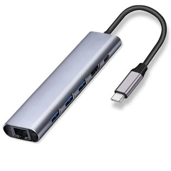 USB-C-Hub Type C til HDMI-kompatibelt USB 3.0-RJ45-PD-Adapter 6 i 1 Type C Dock til MacBook USB-C Splitter